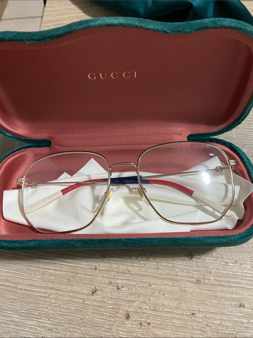 Vintage Gucci Women’s Gold Frame Glasses with Red & White Temple Accents